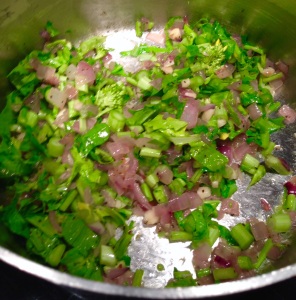 Sautéing red onion, garlic and broccoli raab stems